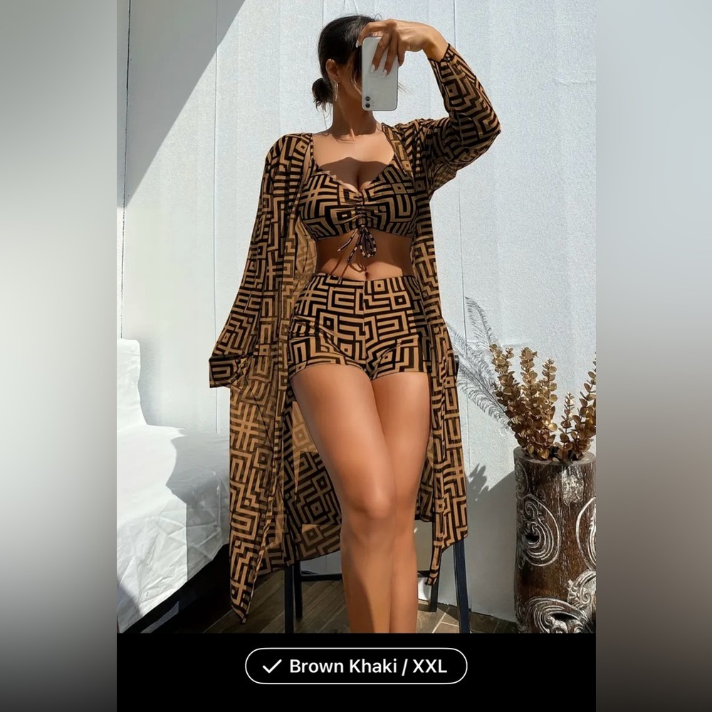 3 Piece Geometric Patterned Brown Khaki Swim Set Bikini XXL Never Worn